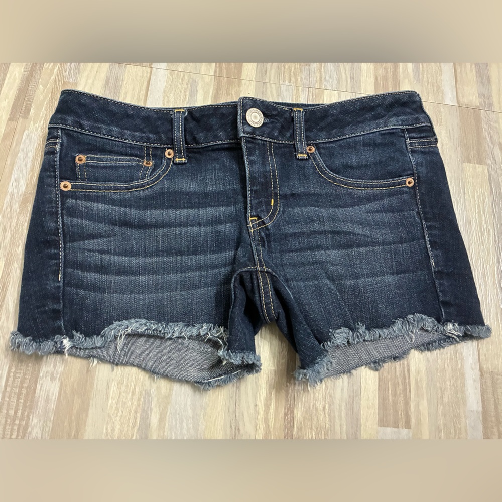 Dark Denim Frayed Hem Shorts. American Eagle stretch